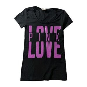 VS PINK Love Pink Sequin Graphic Tee XS Black Purple Bling Shirt Y2K